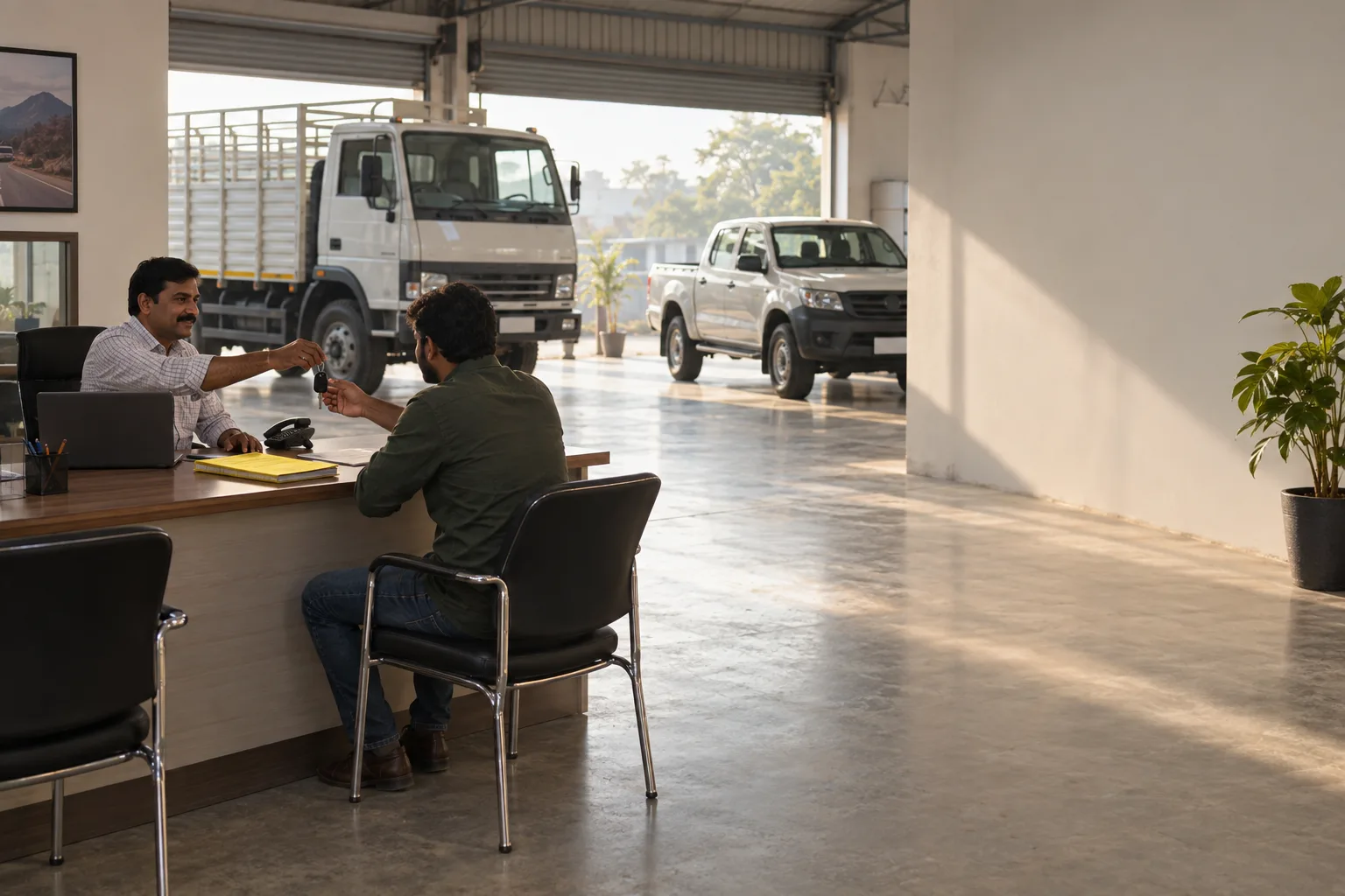 A used vehicle dealership's counter: keys handed across, with a truck and a pickup behind.